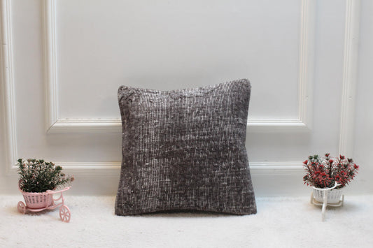 Handmade Gray Wool Kilim Pillow Cover: Vintage Turkish Rug, 16x16 inc