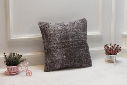 Handmade Gray Wool Kilim Pillow Cover: Vintage Turkish Rug, 16x16 inc