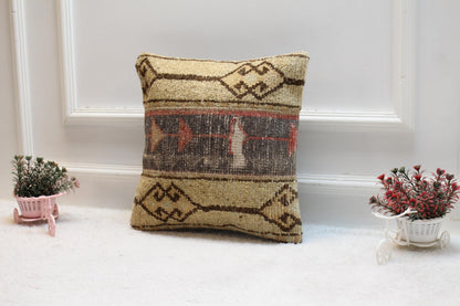 Handmade Beige Turkish Rug Pillow Cover: Vintage Wool Cushion, 16x16 inch