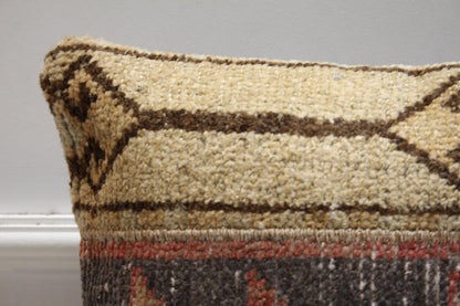 Handmade Beige Turkish Rug Pillow Cover: Vintage Wool Cushion, 16x16 inch