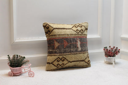 Handmade Beige Turkish Rug Pillow Cover: Vintage Wool Cushion, 16x16 inch
