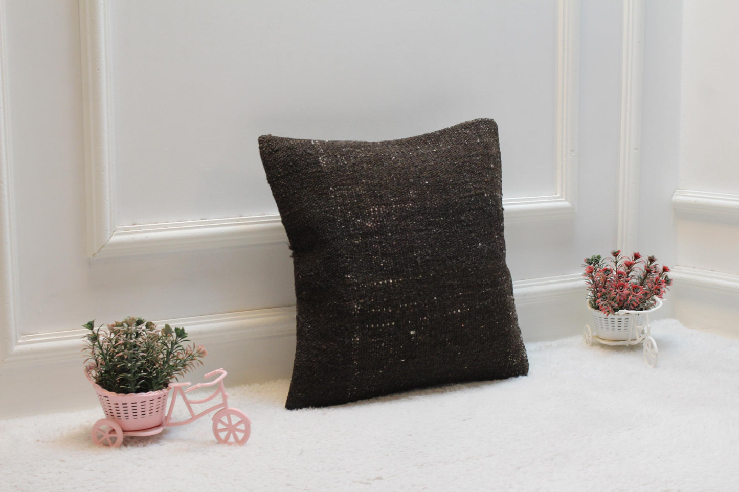 Handmade Kilim Pillow Cover: Upcycled Woven Rug, Brown (16x16 in)