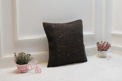 Handmade Kilim Pillow Cover: Upcycled Woven Rug, Brown (16x16 in)