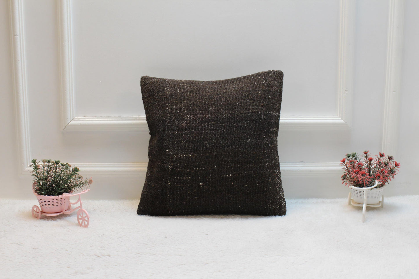 Handmade Kilim Pillow Cover: Upcycled Woven Rug, Brown (16x16 in)