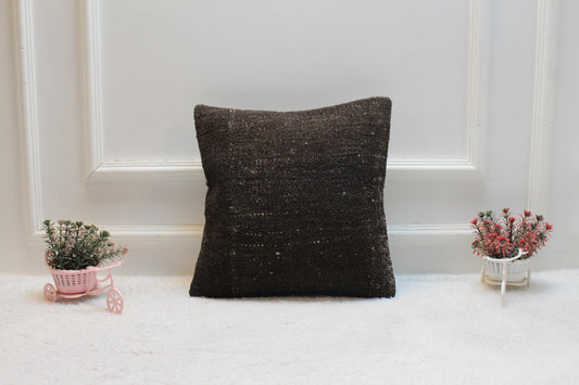 Handmade Kilim Pillow Cover: Upcycled Woven Rug, Brown (16x16 in)