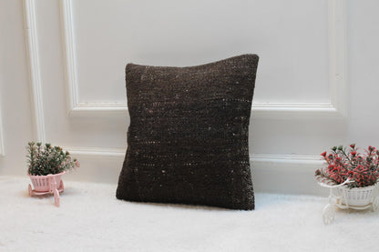 Handmade Kilim Pillow Cover: Upcycled Woven Rug, Brown (16x16 in)