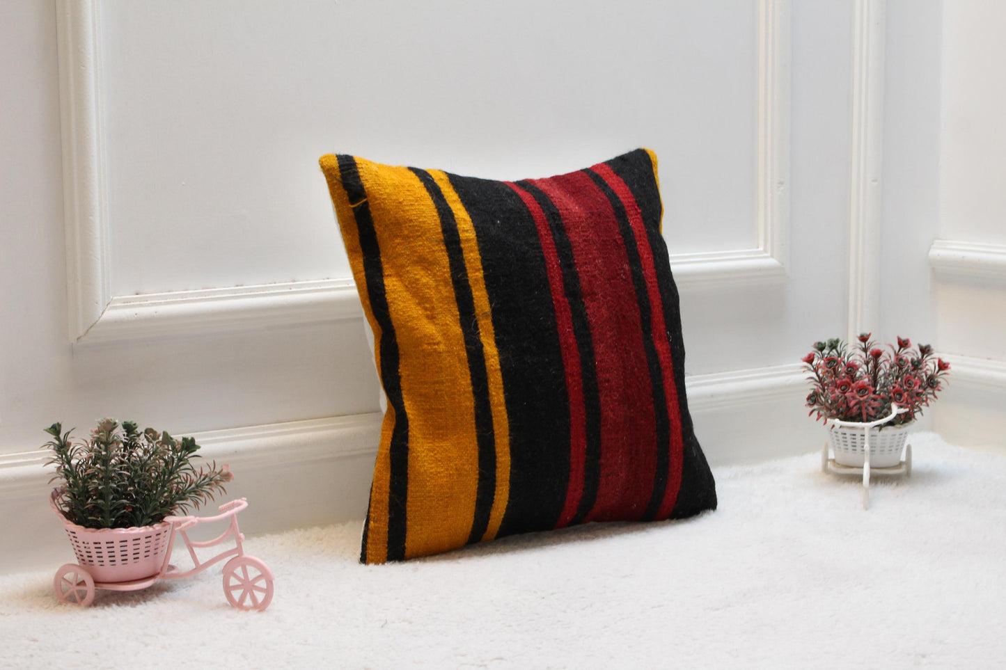 Handmade Striped Kilim Pillow Cover: Upcycled Woven Rug, 16x16 inch