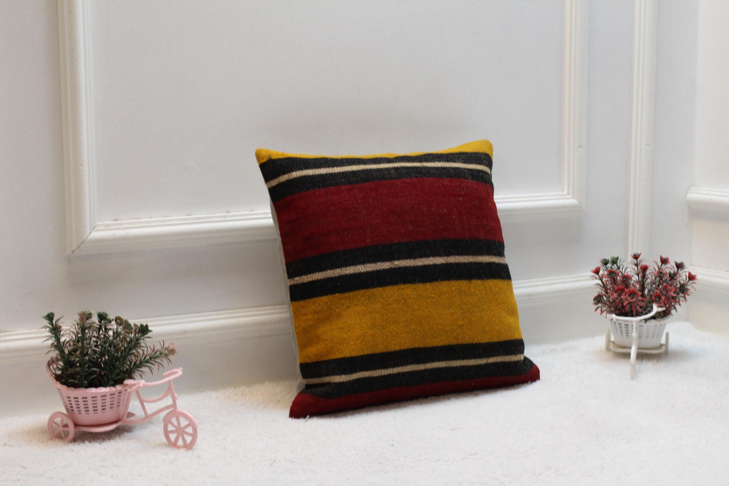 Handmade Kilim Pillow Cover: Upcycled Woven Wool, Rainbow (16x16 inch)