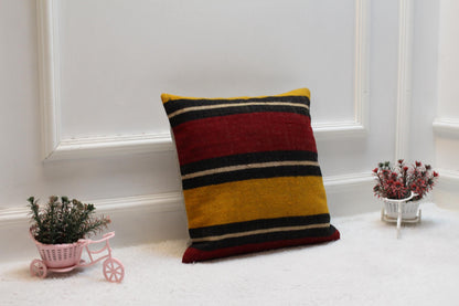 Handmade Kilim Pillow Cover: Upcycled Woven Wool, Rainbow (16x16 inch)