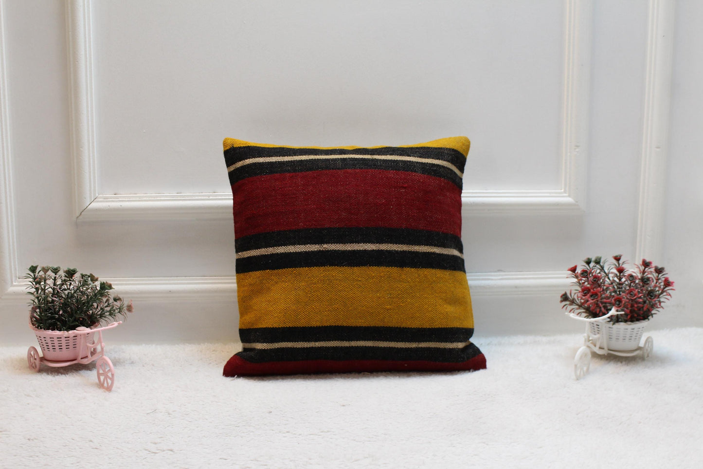 Handmade Kilim Pillow Cover: Upcycled Woven Wool, Rainbow (16x16 inch)