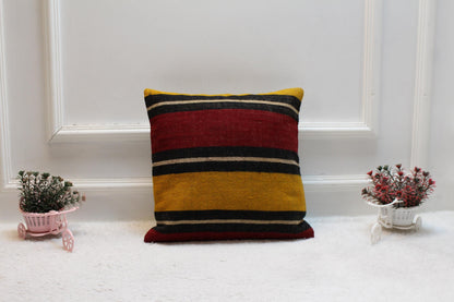 Handmade Kilim Pillow Cover: Upcycled Woven Wool, Rainbow (16x16 inch)