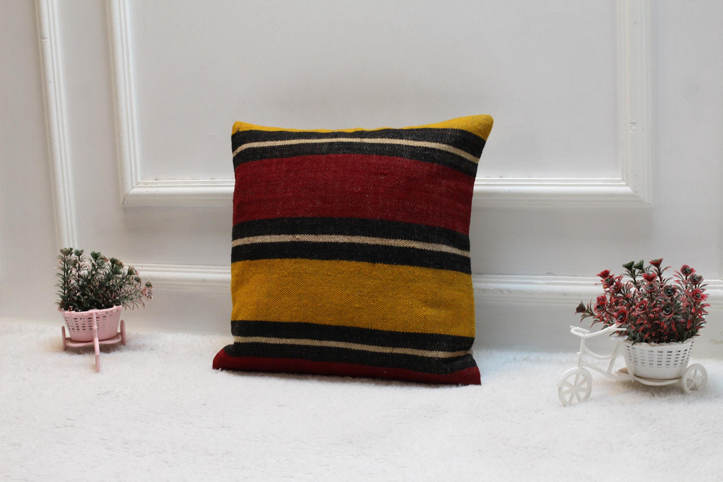 Handmade Kilim Pillow Cover: Upcycled Woven Wool, Rainbow (16x16 inch)