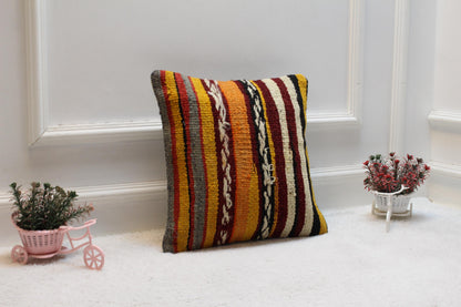 Handmade Kilim Pillow Cover: 16x16 Square Turkish Woven Rug