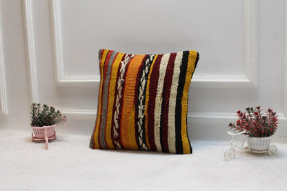 Handmade Kilim Pillow Cover: 16x16 Square Turkish Woven Rug