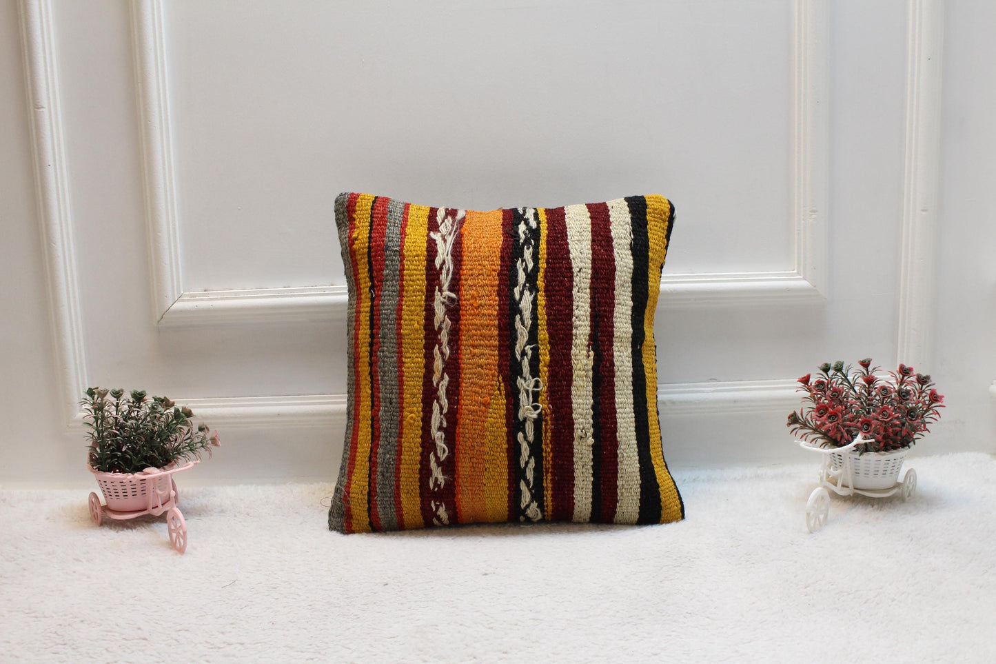 Handmade Kilim Pillow Cover: 16x16 Square Turkish Woven Rug