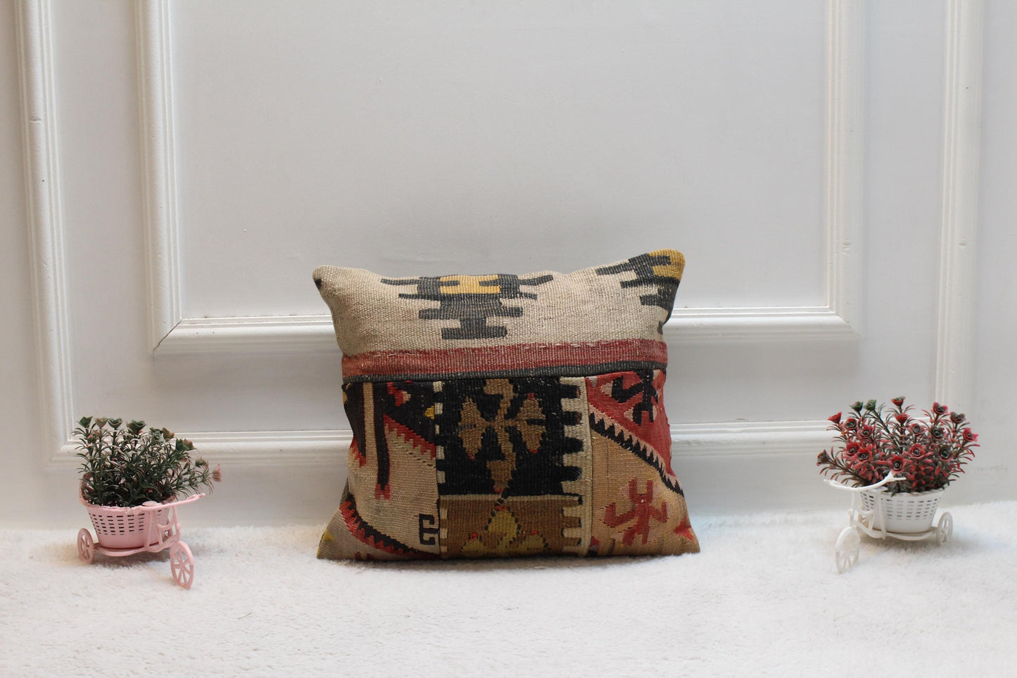 Handmade Kilim Pillow Cover: Upcycled Woven Rug, 16x16 Rainbow Cushion