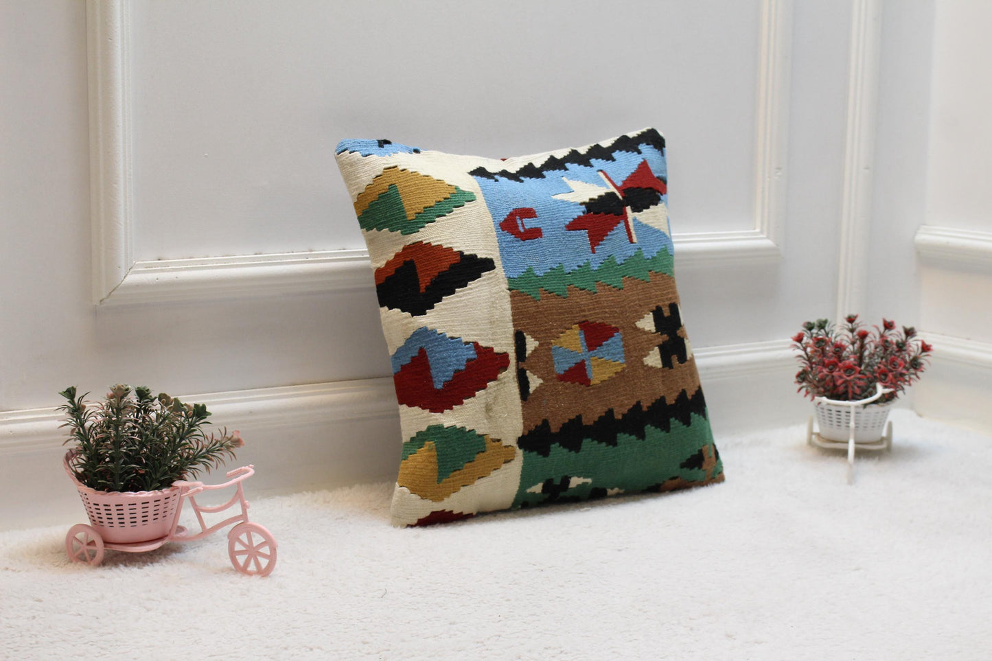 Handmade Kilim Pillow Cover: Upcycled Woven Rug, 16x16 Bohemian Decor