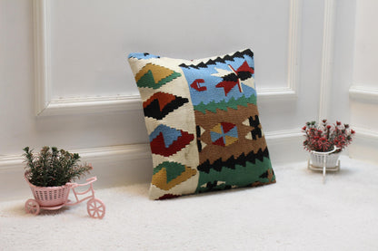 Handmade Kilim Pillow Cover: Upcycled Woven Rug, 16x16 Bohemian Decor