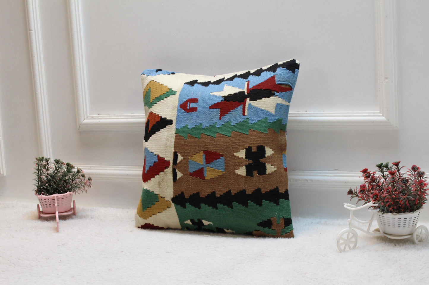 Handmade Kilim Pillow Cover: Upcycled Woven Rug, 16x16 Bohemian Decor