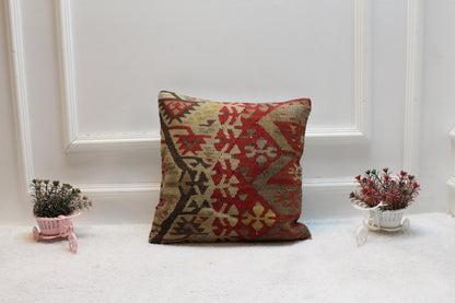 Red Kilim Pillow Cover: Handmade Organic Wool Throw Pillow (16x16 in)