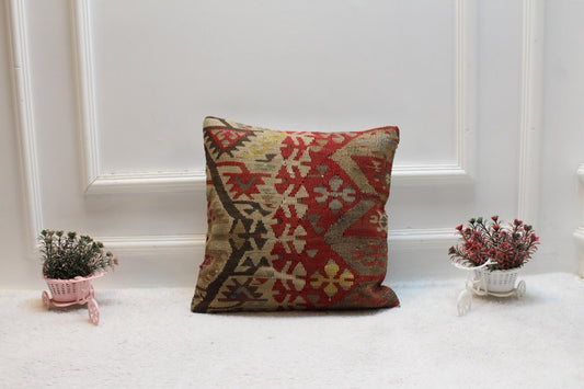 Red Kilim Pillow Cover: Handmade Organic Wool Throw Pillow (16x16 in)