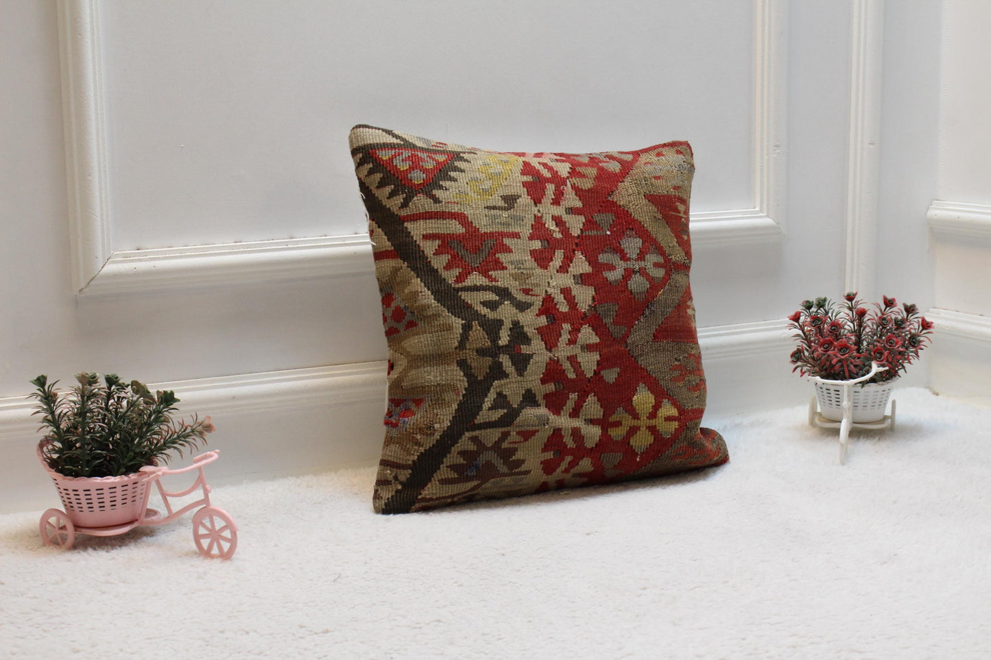 Red Kilim Pillow Cover: Handmade Organic Wool Throw Pillow (16x16 in)