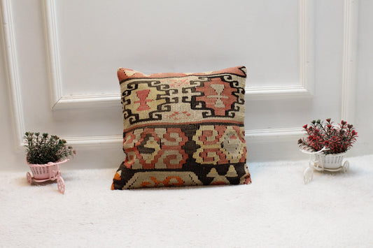 Handmade Kilim Pillow Cover: Vintage Turkish Wool, Bohemian Decor (16x16 inch)