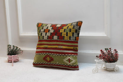 Handmade Kilim Pillow Cover: Upcycled Woven Rug, Rainbow Striped Design (16x16 inch)