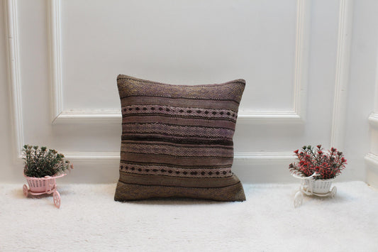 Geometric Kilim Pillow Cover: Handmade Turkish Woven Rug, 16x16 inch