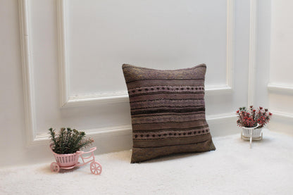 Geometric Kilim Pillow Cover: Handmade Turkish Woven Rug, 16x16 inch