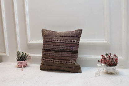Geometric Kilim Pillow Cover: Handmade Turkish Woven Rug, 16x16 inch