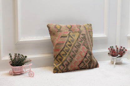 Handmade Kilim Pillow Cover: Vintage Anatolian Throw Pillow (16x16 in)