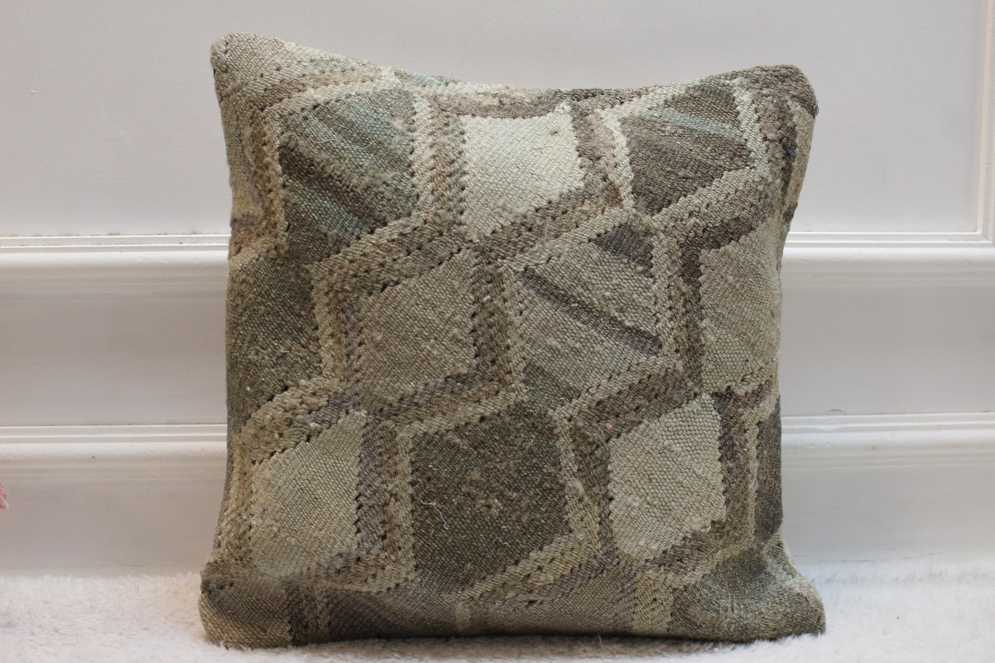 Handmade Kilim Pillow Cover: Upcycled Turkish Rug, Bohemian Decor (16x16)
