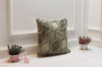 Handmade Kilim Pillow Cover: Upcycled Turkish Rug, Bohemian Decor (16x16)