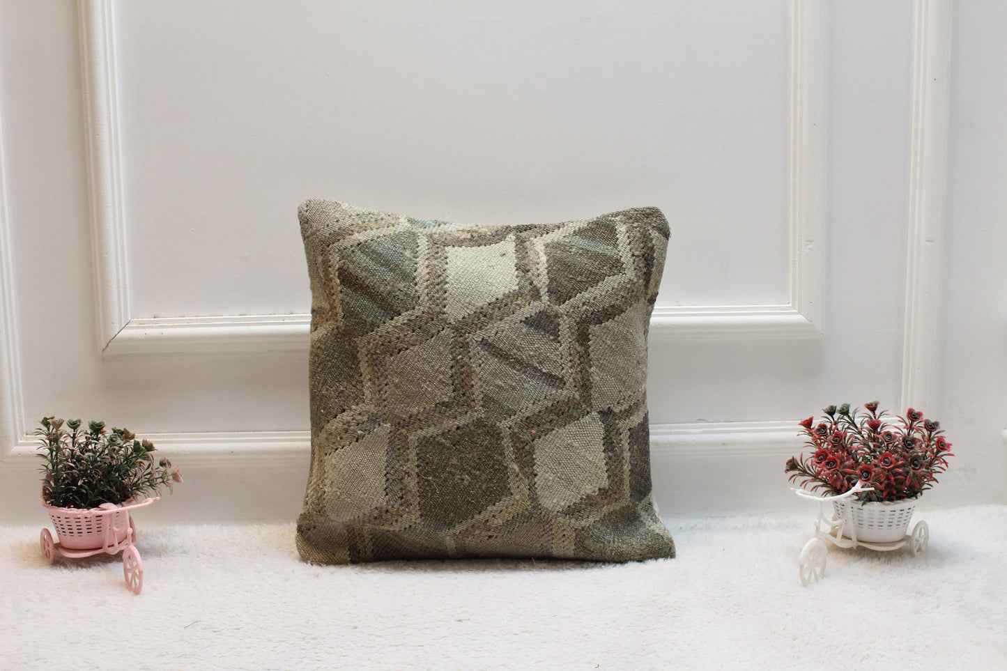 Handmade Kilim Pillow Cover: Upcycled Turkish Rug, Bohemian Decor (16x16)