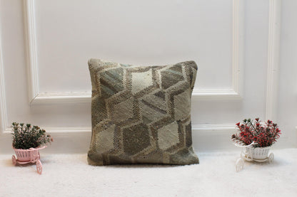 Handmade Kilim Pillow Cover: Upcycled Turkish Rug, Bohemian Decor (16x16)