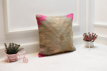 Handmade Turkish Rug Pillow Cover: Beige & Pink Kilim, 16x16 Square