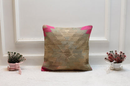 Handmade Turkish Rug Pillow Cover: Beige & Pink Kilim, 16x16 Square