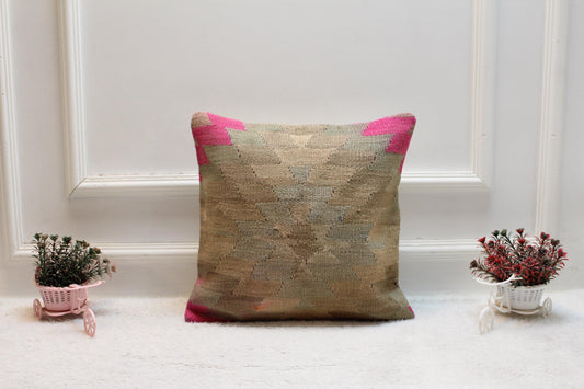 Handmade Turkish Rug Pillow Cover: Beige & Pink Kilim, 16x16 Square