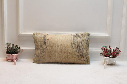 Handmade Beige Turkish Rug Pillow Cover: Boho Lumbar Pillow (12x20 in)