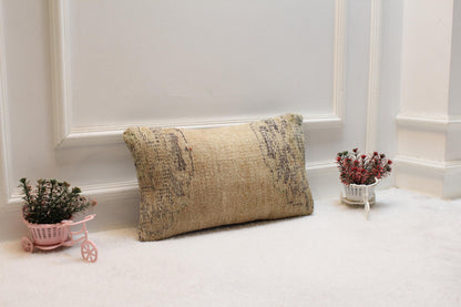 Handmade Beige Turkish Rug Pillow Cover: Boho Lumbar Pillow (12x20 in)