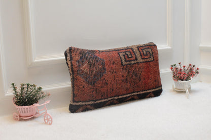 Red Wool Turkish Rug Lumbar Pillow Cover: Vintage Kilim, 12x20 inc