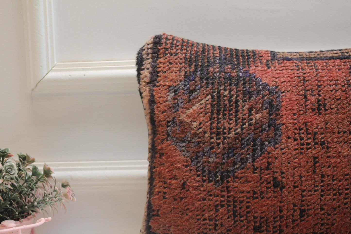 Red Wool Turkish Rug Lumbar Pillow Cover: Vintage Kilim, 12x20 inc