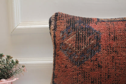 Red Wool Turkish Rug Lumbar Pillow Cover: Vintage Kilim, 12x20 inc