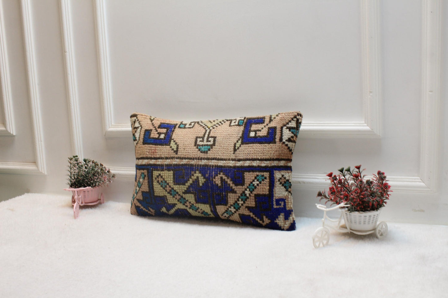 Vintage Turkish Rug Pillow Cover: Beige & Blue Wool Lumbar Pillow (12x20 in)