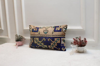 Vintage Turkish Rug Pillow Cover: Beige & Blue Wool Lumbar Pillow (12x20 in)