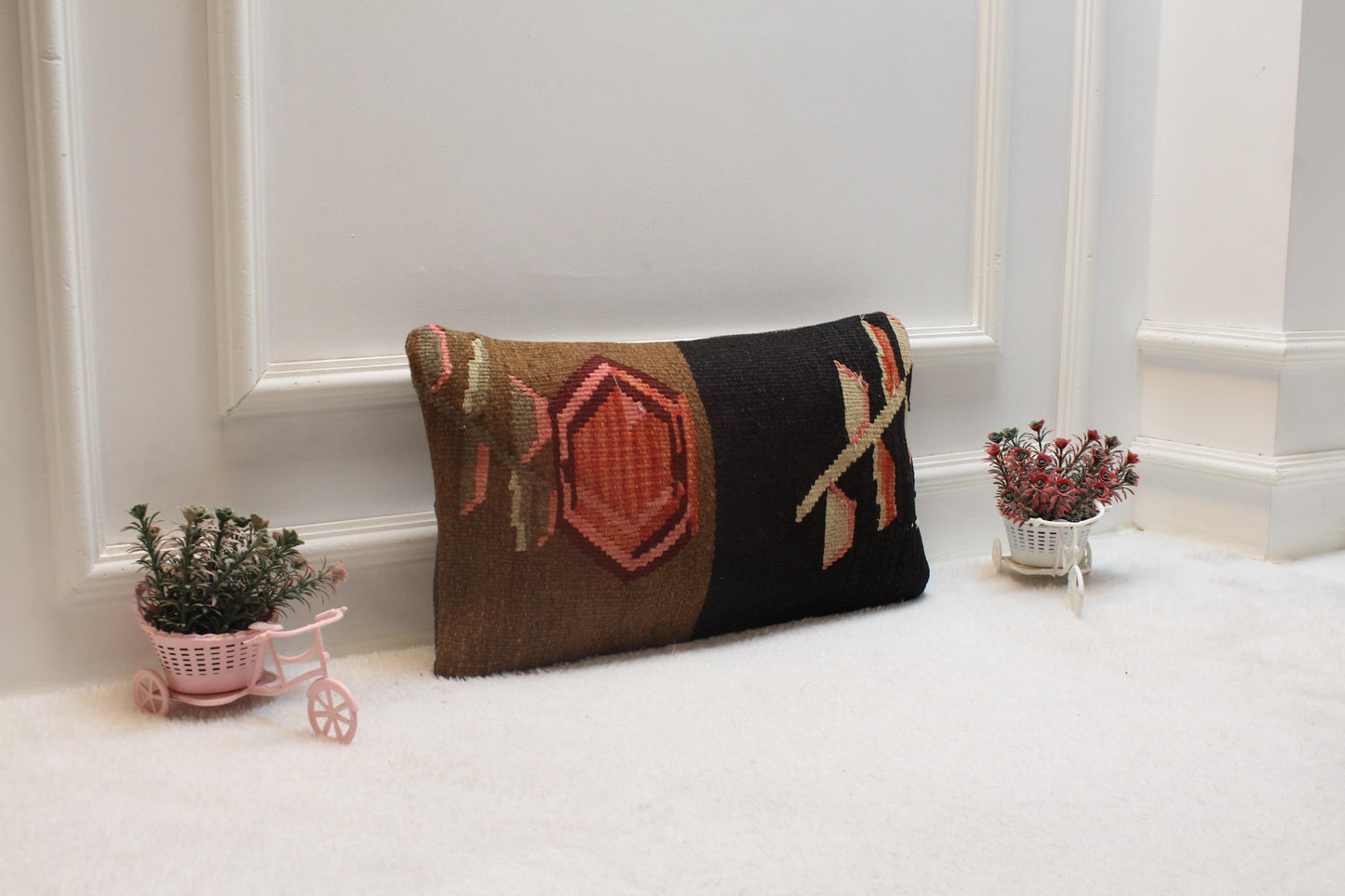 Handmade Kilim Pillow Cover: Upcycled Turkish Rug, Bohemian Decor (12x20 inc)