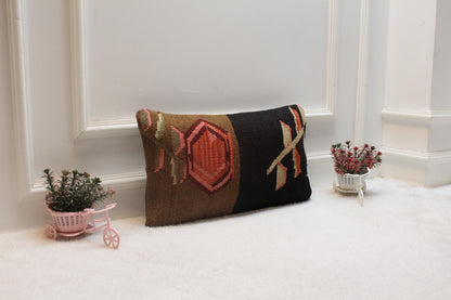 Handmade Kilim Pillow Cover: Upcycled Turkish Rug, Bohemian Decor (12x20 inc)