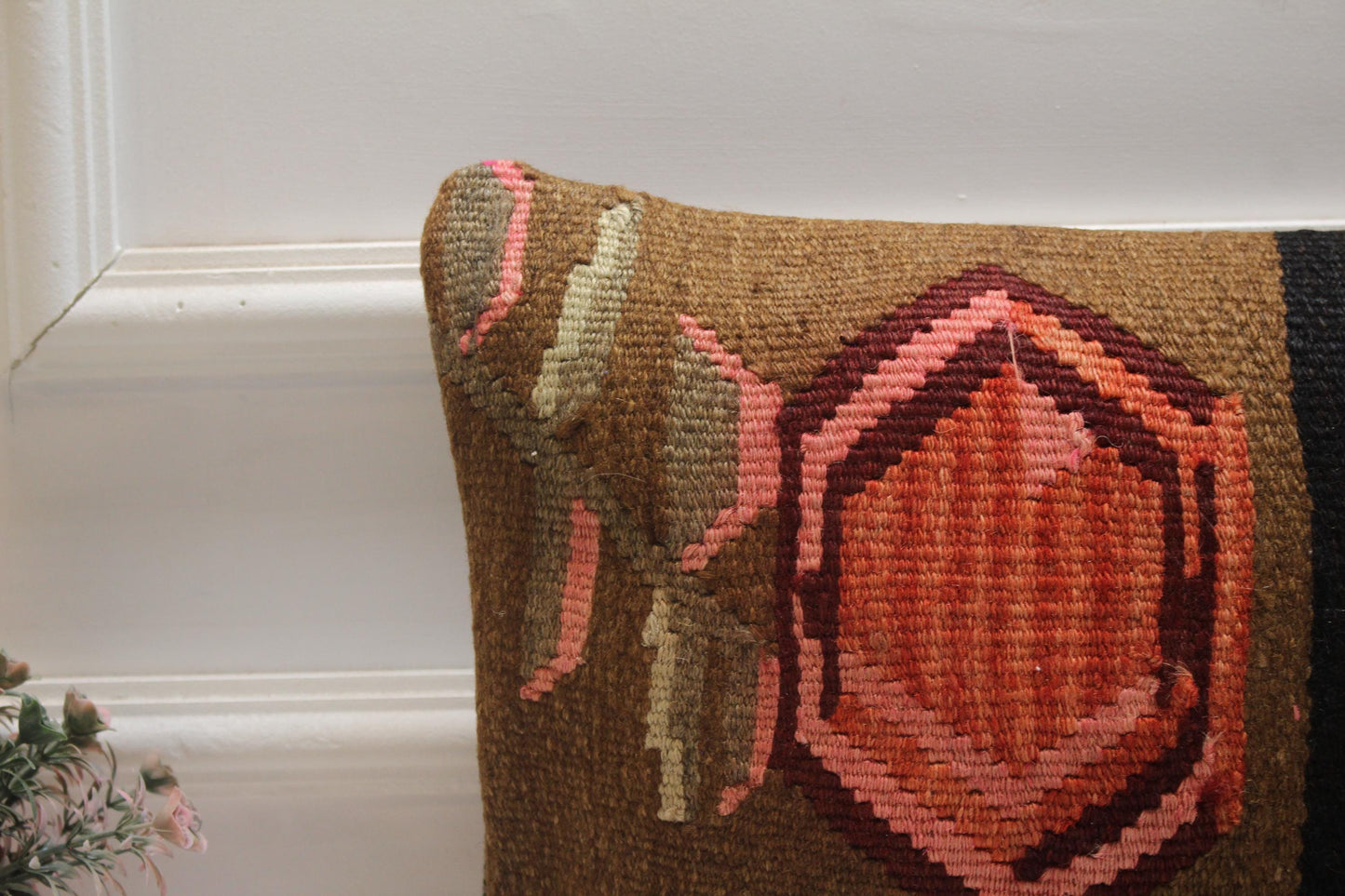 Handmade Kilim Pillow Cover: Upcycled Turkish Rug, Bohemian Decor (12x20 inc)