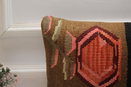 Handmade Kilim Pillow Cover: Upcycled Turkish Rug, Bohemian Decor (12x20 inc)